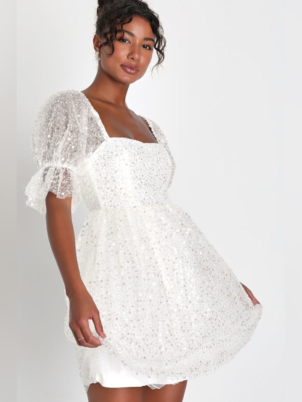 Lulus Magic Sparkle White Beaded Sequin Puff Sleeve Mini Dress Size Medium